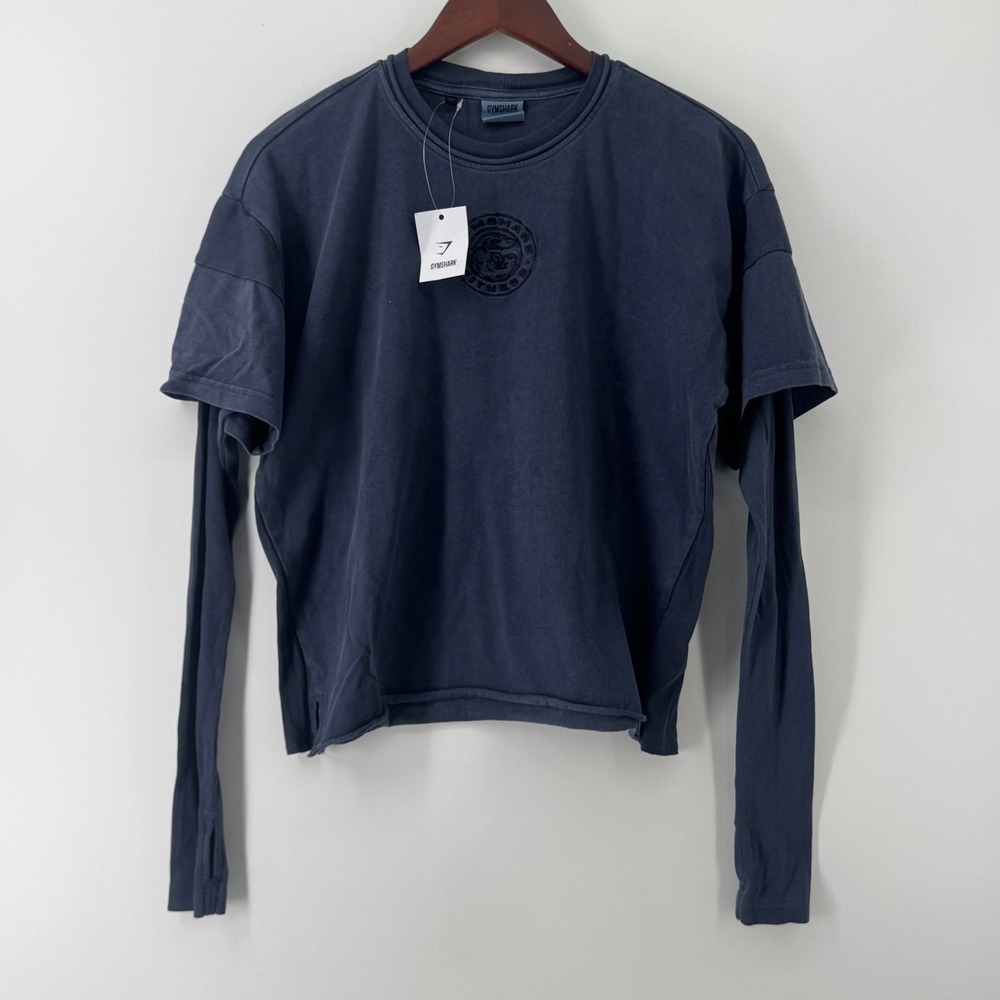 Gymshark Legacy 2-in-1 Long Sleeve Top Navy Blue Small NWT Thumbholes Logo
